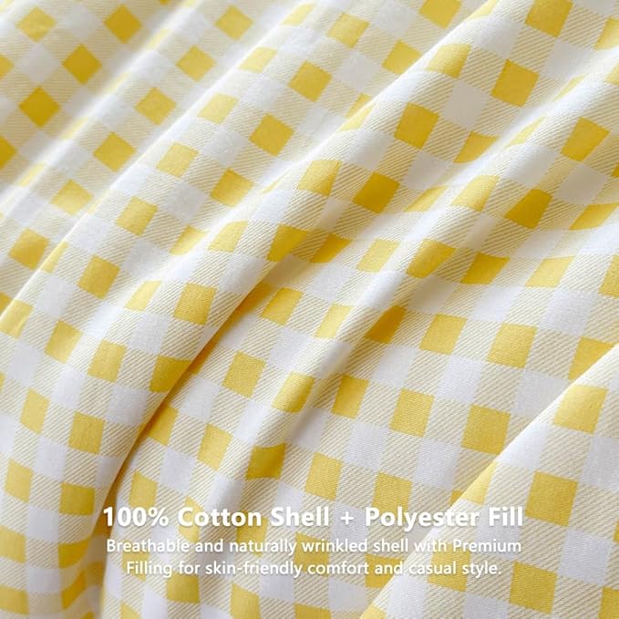 NSNLGSGC Yellow Gingham Cotton Comforter Set King, 100% Washed Cotton Red Plaid Checked Comforter Bedding, 3 Pieces Vintage Farmhouse Grid Bedding Set(Yellow Gingham, King)