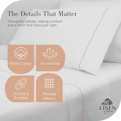Linen Home 100% Cotton Percale Moon Scallop Hem Pillowcases Queen/Standard Size, Peach, 2 Pieces of Pillow Case, Crisp and Cool Strong Bed Linen, 20 inches X 30 inches