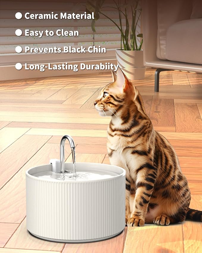 Ceramic Cat Water Fountain, 2.2L/74oz Cat Drinking Fountain | Quiet Pet Fountain for Indoor Cats and Small Dogs, BPA-Free Ceramic, Easy to Clean