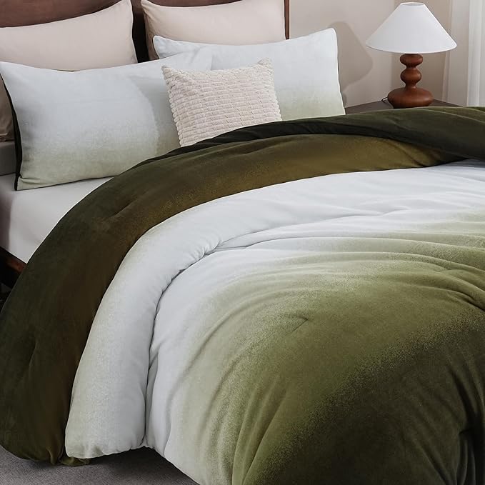 Bedbay Ombre Green Plush Fleece Comforter Set Queen Ultra Soft Velvety Bedding for Winter Thick Warm Cozy Gradient Quilt Set 3 Pcs All Season Fluffy Velvet Queen Bed Set with 2 Pillowcases