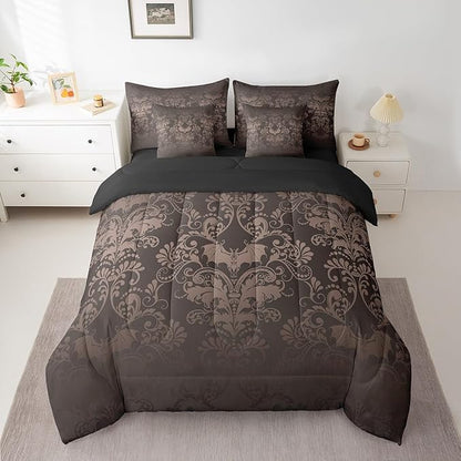 Erosebridal Gothic Damask Bed in a Bag Queen Comforter Set 7 Piece,Halloween Bat Bedding Sets Black Brown Victorian Floral Goth Sheet Set with Comforter