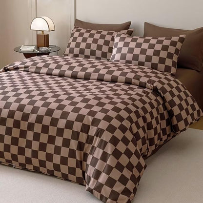 CLOTHKNOW Brown Plaid Comforter Sets Twin/Twin XL 3Pcs Grid Bedding Comforter Sets Dark Brown Checker Comforter Checkered Bedding Sets