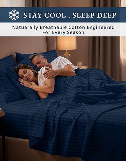 LANE LINEN 100% Egyptian Cotton Sheets King Size, Fully Elasticized Reinforced Seams Extra Deep Pocket King Sheet, No Pill Fade Resistant Cooling Sheets King Size Damask Stripe - Navy