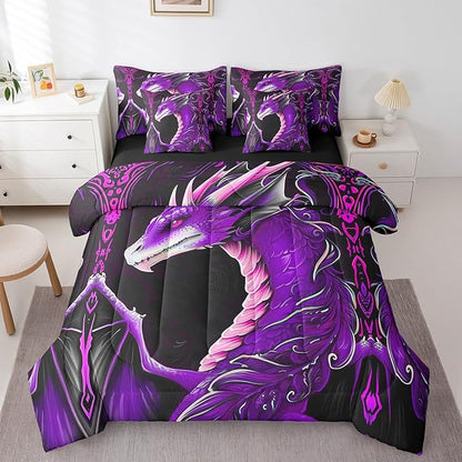 Erosebridal 3D Dragon Bed in a Bag King Size Comforter Set 7 Pieces,Vintage Gothic Purple Dragon Bedding Sets Antique Wildlife Mythical Animal Sheet Set with Comforter
