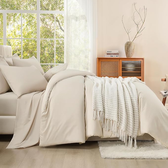 Litanika California King Comforter Set Beige - 7 Pieces Bed in a Bag Cal King Bedding Comforter Sets, Plain Lightweight Bed Set with Comforter, Sheets, Pillowcases & Shams