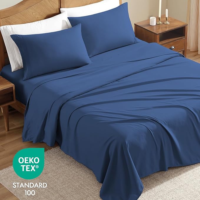 ClevaHome Sheet Set King Size, 4-Piece Bedding, Lightweight & Super Soft Easy Care Microfiber– Shrinkage & Fade Resistant Bedding Set with 14'' Deep Pockets (Navy Blue)