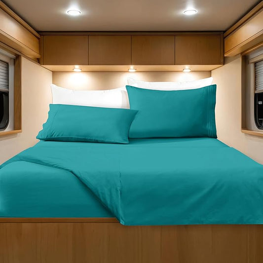 Elegant Comfort Luxurious 1500 Premium Hotel Quality Microfiber Three Line Embroidered Softest 4-Piece Bed Sheet Set, Wrinkle and Fade Resistant, RV Short Queen, Turquoise