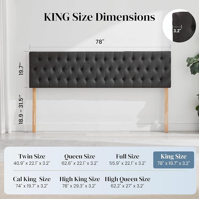 Tufted Upholstered King Size Bed Headboard in Modern Button Design, Adjustable Solid Wood Head Board, Premium Linen Fabric Padded Headboards in Bedroom (Dark Grey)