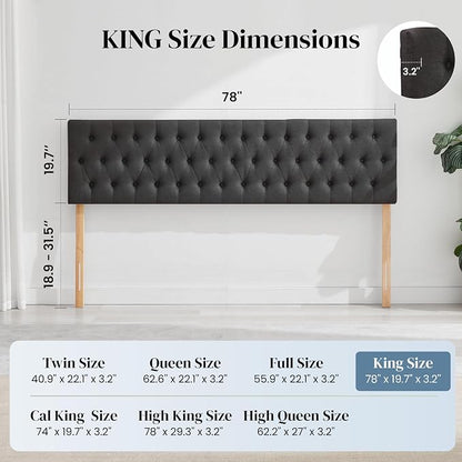 Tufted Upholstered King Size Bed Headboard in Modern Button Design, Adjustable Solid Wood Head Board, Premium Linen Fabric Padded Headboards in Bedroom (Dark Grey)