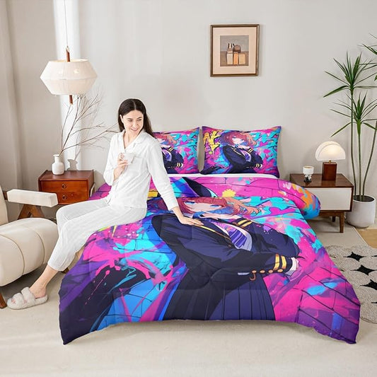 Erosebridal Girls Japanese Anime Comforter Set King, Kawaii Anime Girl Bedding Set Cartoon Girl Duvet Insert for Kids Teens Adult, Japanese Animation Sci Fi Style Quilt with 2 Pillow Cases