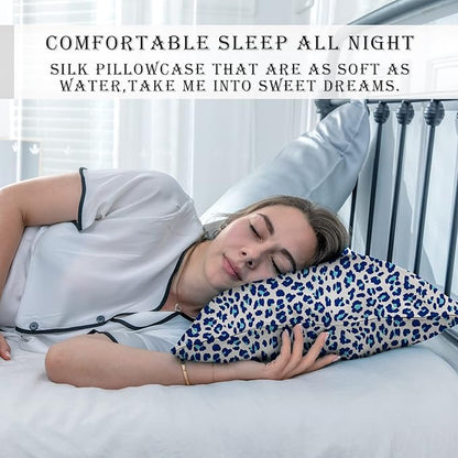 Mulberry Silk Pillowcase for Hair and Skin King Size Leopard Print Silk Pillow Cases with Zipper Soft Breathable Smooth Cooling Silk Pillow Covers for Sleeping (Blue Leopard, 20"X 36",1Pcs)