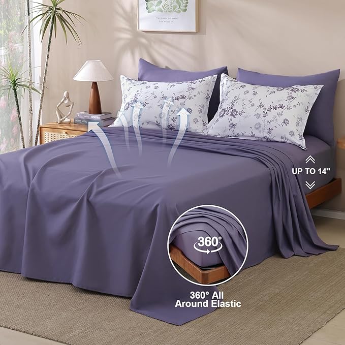Luxudecor Floral Queen Comforter Set 7 Pieces Bed in a Bag, Purple Rose Romantic Flower Bed Set, Soft Reversible Comforter with Sheet Set 90"x90"