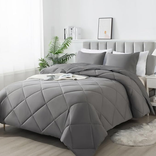 3-Piece Queen Comforter Set,All-Season,Soft & Hypoallergenic &Breathable Bedding,Polyester Quilted,Down Alternative(Comforter*1 & Pillowcases*2),Dark Gray