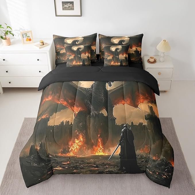 Feelyou Medieval Fantasy Dragon Comforter Set 7 Pieces Queen Size Ancient Animal Bedding Set for Boys Girls Fairy Goth Bed in a Bag with Comforter, Sheets, Pillowcases & Cushion Covers