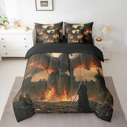 Feelyou Medieval Fantasy Dragon Comforter Set 7 Pieces Queen Size Ancient Animal Bedding Set for Boys Girls Fairy Goth Bed in a Bag with Comforter, Sheets, Pillowcases & Cushion Covers