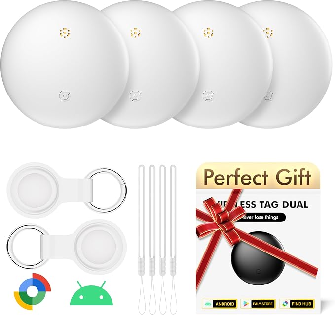 Bluetooth Tracker 4-Pack Smart Tag for Android & Samsung | IP66 Waterproof,100db, Item Finder for Keys, Wallet, Luggage. Works with Google Find Hub(White)