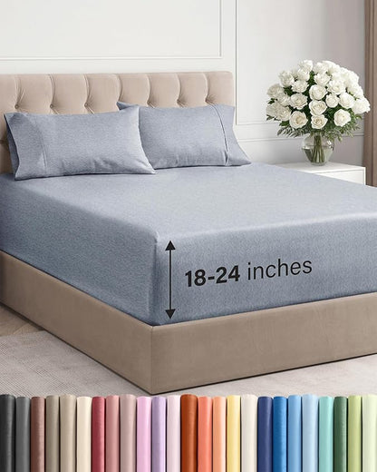 Extra Deep Twin XL Sheet Set - 4 Piece Breathable and Cooling Sheets - Hotel Luxury Bedding for Women, Men, Kids & Teens - Easy Secure Fit - Soft & Wrinkle Free - Extra Deep Pockets - Heathered Blue