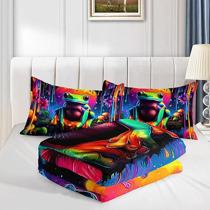Cartoon Frog Bedding Set Cute King Size,Colored Ink Flower Painting Comforter Sets for Kids Girls Boys Room Decor,Cute Animals Themed Comforter Set with 2 Pillowcases.