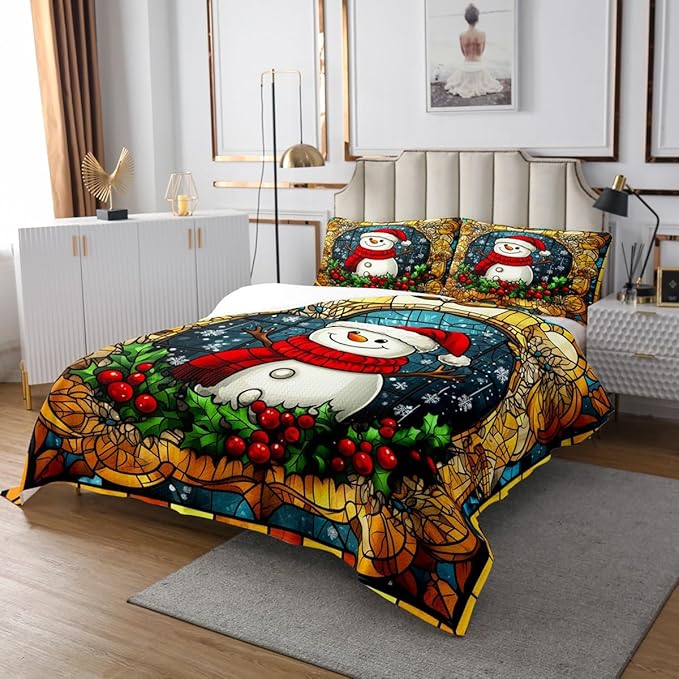 Cartoon Snowman Kid Bedspread Twin Size,Merry Christmas Happy New Year Snowflake Coverlet Set,Boys Girls Room Decor,Poinsettia Flower Plaids Quilted Coverlet,Xmas Cute Bedding Quilt,1 Pillowcase