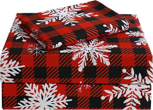 JSD Red Buffalo Plaid Snowflakes Sheet Set Twin Size, 3 Piece Christmas Winter Microfiber Bedding Sheets Extra Deep Pocket