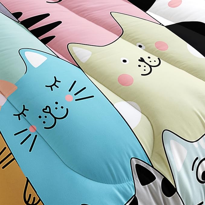 Cat Comforter Set for Girls - Kawaii, Cute Full Size Bedding Set with Cat Room Decor