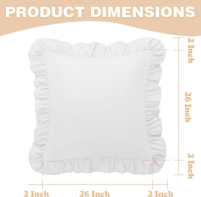 KKJIAF Ruffle Pillow Cases 26x26 Inches, White Square Ruffled Pillow Covers Set of 2, Microfiber Wrinkle Resistant Pillow Shams with Envelope Closure for Sofa Bed Living Room