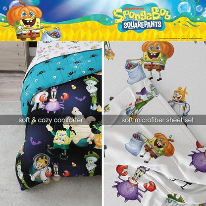 Spongebob Squarepants Kids Halloween Bedding 5 Piece Super Soft Cozy Reversible Comforter and Sheet Set with Sham, Twin, (Officially Licensed Product) by Franco
