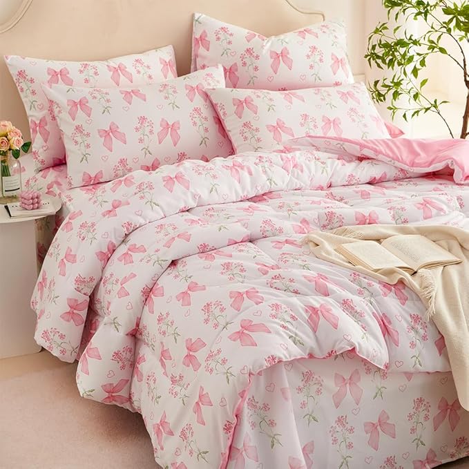 Pink Bow Comforter Set Twin Size Pink Floral Comforter for Girls Kids Romantic Princess Style Bowknot Bedding Set Ultra Soft Reversible Garden Flower Comforter Sets with 1 Pillowcase 2Pcs