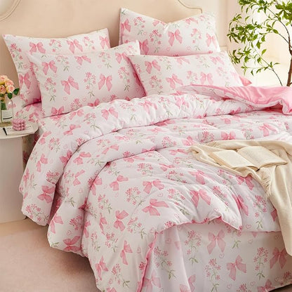 Pink Bow Comforter Set Twin Size Pink Floral Comforter for Girls Kids Romantic Princess Style Bowknot Bedding Set Ultra Soft Reversible Garden Flower Comforter Sets with 1 Pillowcase 2Pcs