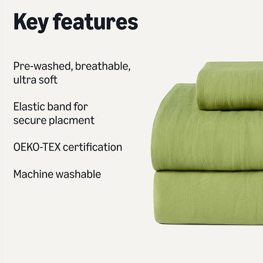 Amazon Basics Queen Bed Sheet, 4-Piece Bedding Set, Double Brushed Microfiber, Ultra Soft, Easy Care, Green
