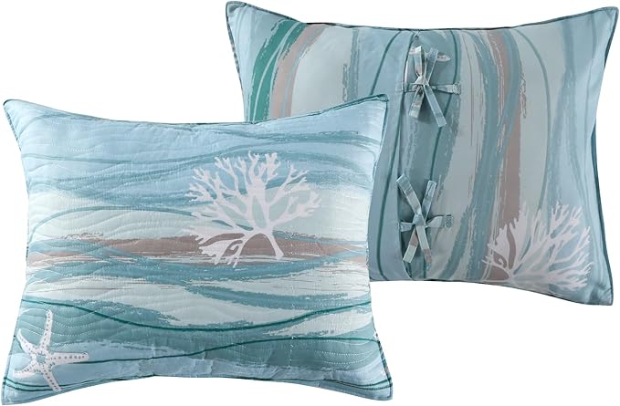 Greenland Home Maui Embroidered Coastal Quilt Set with Euro Shams, Full/Queen (5-Piece)
