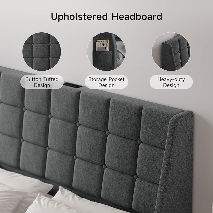 Ergonomic Upholstered Headboard Queen Size w/Charging Station, Linen Wingback Headboards w/Storage Pocket, Queen Headboard Only, Bed Frame Adapters, Sturdy Stable Solid Wood Bed Head Board, Dark Grey