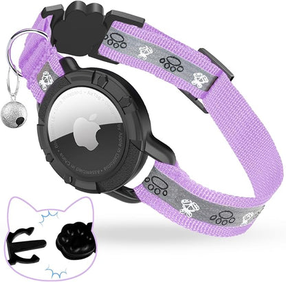 Breakaway AirTag Cat Collar, Reflective Cat Tracker Collar with Bell | Built in AirTag Holder, Adjustable 8.5-12in for Cats, Kittens and Puppies, Safety Elastic Band, Reflective for Night Walking