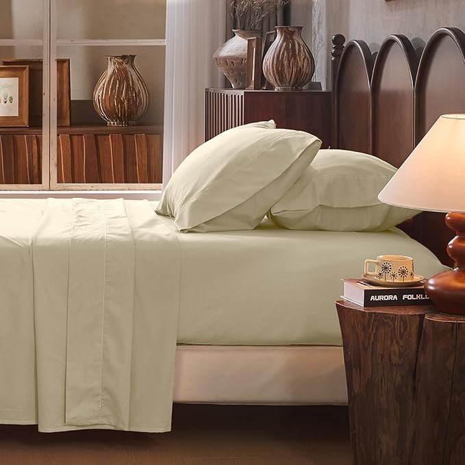 100% Linen Sheet Set Queen Size Extra Deep Pocket Fits 18-24 Inch Mattress, Breathable & Soft, Smooth 4-Piece Set for Thick Mattresses Hotel Luxury Bedding（Queen, Brown Taupe）
