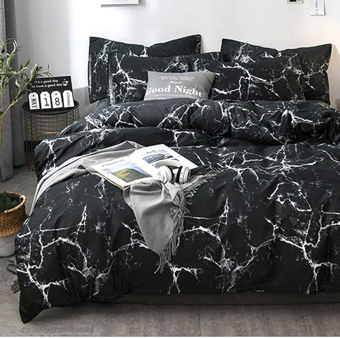 CLOTHKNOW Black Marble Comforter Set California King Black White Bedding Sets Abstract Comforter with 2 x Pillow Cases