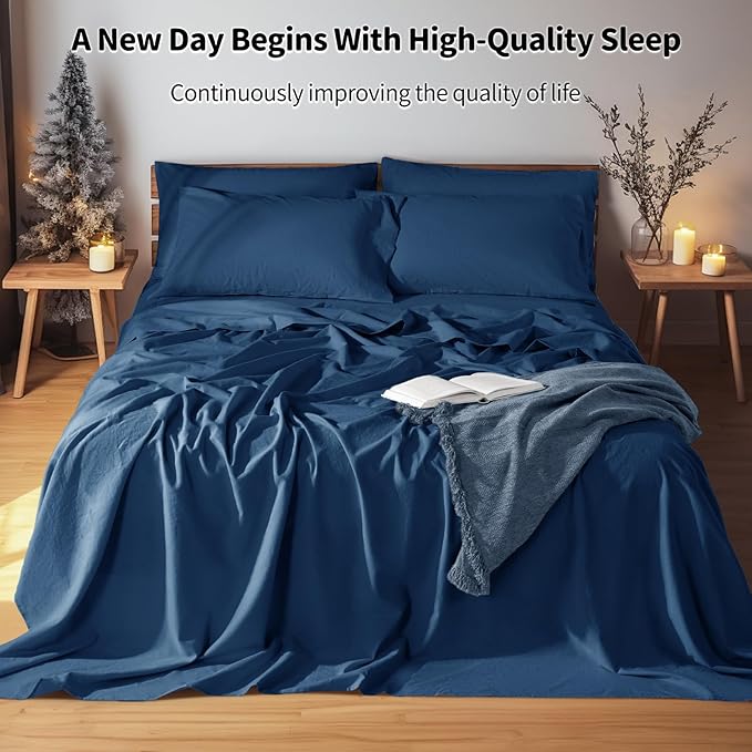 LBRO2M 100% Pure Linen Sheet Set Deep Pocket Up to 16" Bed Sheets Sets, Natural Flax Beddings Soft, Breathable, Comfortable for All Seasons 6 Pcs Sheet Set Cal King Size, Navy Blue