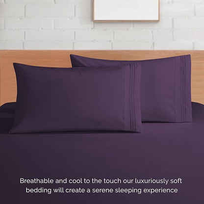 Elegant Comfort Luxurious 1500 Premium Hotel Quality Microfiber 4-Piece Sheet Set, 18-24 Inches Deep - Extra Deep Pocket Sheets - Ultra Soft 4PC Deep Pocket Sheets, Queen, Eggplant-Purple