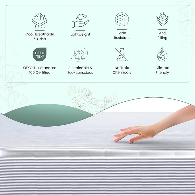 Feather & Stitch Softest 100% Cotton Sheets, 300 Thread Count Percale Weave Bedding, 16" Deep Pocket, Cooling Sheets, Breathable Bed Set, Hotel Premium Quality (Full, Grey Stripe)