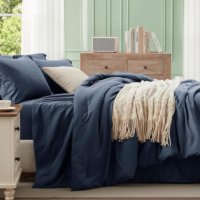 Anluoer Navy Blue California King Comforter Set 7 Pieces, Bed in a Bag with Sheets, All Season Bedding Sets with 1 Comforter, 2 Pillow Shams, 2 Pillowcases, 1 Flat Sheet, 1 Fitted Sheet