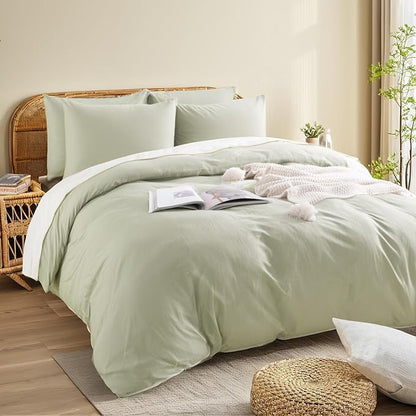 NEXHOME PRO Queen Duvet Cover Set – 100% Certified Organic Cotton with Washed Feel & Linen-Like Texture, Comfortable & Breathable, Home Bedding Set Sage Green (No Comforter)