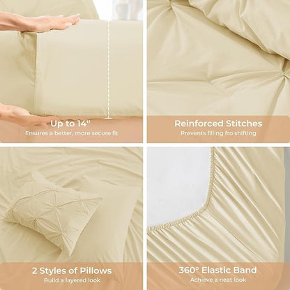 Sasttie King Size Comforter Set, 7-Piece Bed in a Bag, Pintuck Bedding Set for All Season, Includes Comforter, Flat Sheet, Fitted Sheet, Pillowcases and Pillowshams, Pale Yellow