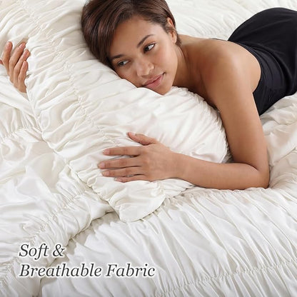weigelia Cream Comforter Set Full – Textured Ruched Cream Ivory Full Comforter Set, Soft White Aesthetic Bedding with 2 Pillowcases, 3 Piece Modern Organic Bedroom Comforter Set