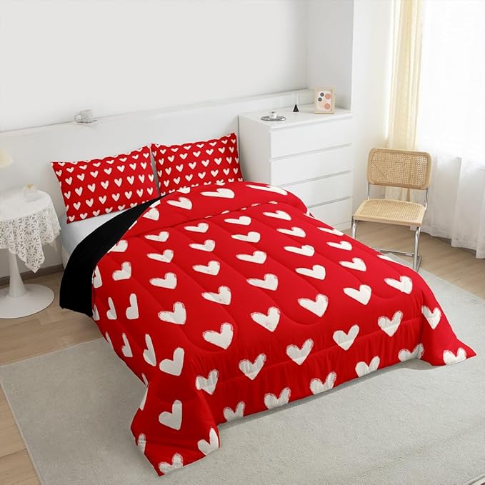 Red White Comforter Set Full Size Cute Heart Pattern Bedding For Kids Boys Girls Valentine Day Gift Quilt Cartoon Love Geometric Duvet Insert Love Heart Soft Warm Bedding Sets Bedroom Decor 3Pcs