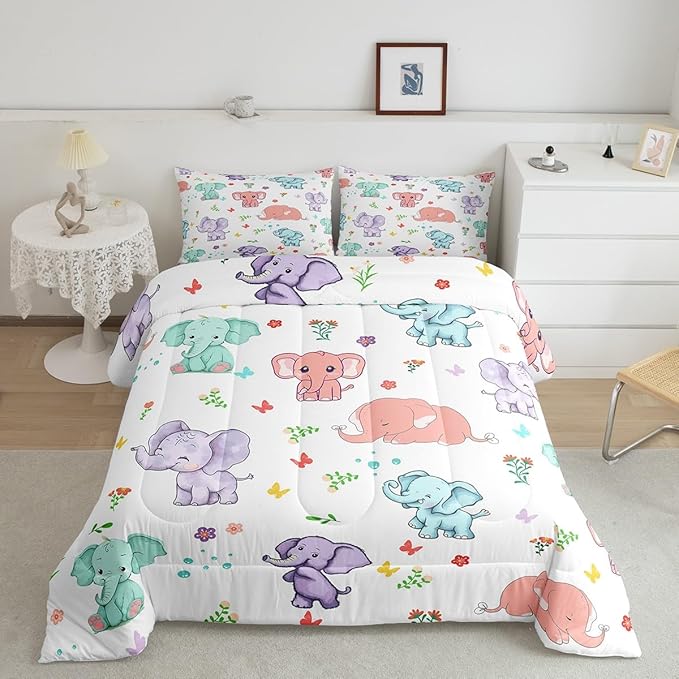 Cartoon Elephant Comforter King Size,Watercolor Flowers Leaves Butterfly Comforter Set Bedding Set for Youth Adults,Cute Wild Animal Elephants Duvet Set Ultra Soft Room Decor 3Pcs Quilt Set