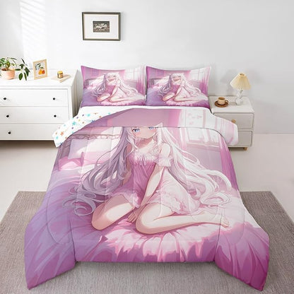 Erosebridal King Size Japanese Anime Comforter Set for Kids, Anime Girl Bedding Set Kawaii Japanese Style Quilt Cartoon Japan Animation Duvet Insert for Boys Teens Adult Women Bedroom, Pink