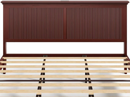 Lifezone King Bed Frame with Headboard, Solid Wood Bed Frame King Size with Charging Station & RGB LED, Wood Slats Support, Noise-Free, Sturdy Structure, Easy Assembly, Mahogany