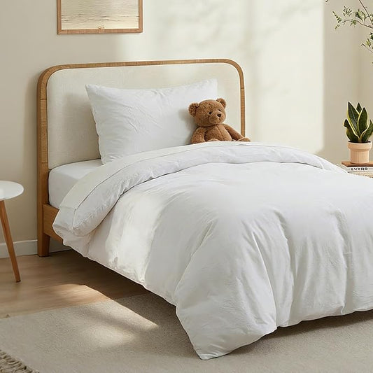 LOVQUE 100% Washed Cotton Duvet Cover Twin Size, Linen-Like Textured White Fade-Resistant Natural Bedding Set (No Comforter), 68x90 Inches