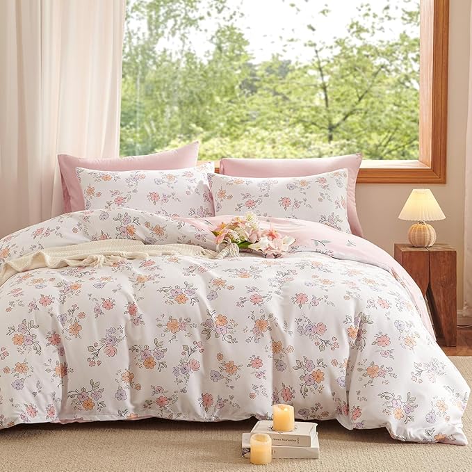 Floral Comforter Set Twin Size - 2 Pieces Pink White Floral Comforter Bedding Sets Reversible Pattern,Twin Bed in a Bag with Flowers Comforter and 1 Pillowcase