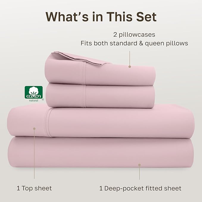 California Design Den Natural 100% Cotton Sheets, Soft Queen Sheet Set, 400 Thread Count Sateen, Deep Pockets with All-Around Elastic for a Snug Fit, Durable Bedding Set - Pink