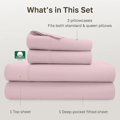 California Design Den Natural 100% Cotton Sheets, Soft Queen Sheet Set, 400 Thread Count Sateen, Deep Pockets with All-Around Elastic for a Snug Fit, Durable Bedding Set - Pink